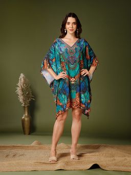 Aditi Wasan - Poly Silk V-Neck Teal Kaftan Dress