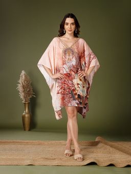 Aditi Wasan - Women'S Poly Silk V-Neck Peach Kaftan Dress