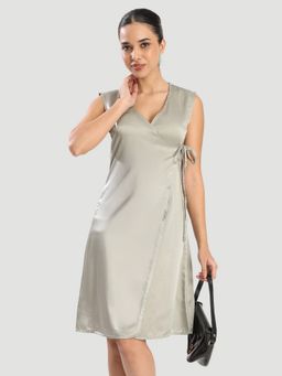 Bene Kleed - Women Satin Tie Up Party Grey Knee Length Dress
