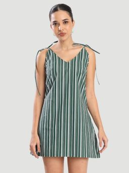 Bene Kleed - Women Tie Up Vertical Striped Pattern A-Line Green Mini Dress