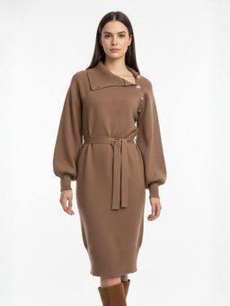 Outzidr - Women Full Sleeve Neck Detail Brown Midi Dress