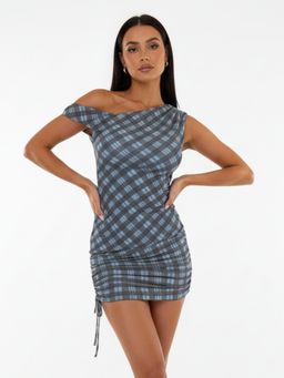 Outzidr - Women One Shoulder Side Ruched Checkered Blue Mini Dress