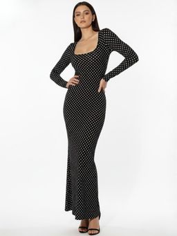 Outzidr - Women Scoop Neck Polka Dot Black Maxi Dress