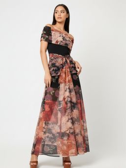 Outzidr - Women Off Shoulder Waist Detail Multicolour Maxi Dress