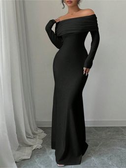 Outzidr - Women Off Shoulder Fitted Black Maxi Dress