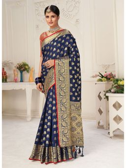 Sangam Prints - Navy Blue Silk Swaroski Stone Work Traditional Tassel Saree with Unstitched Blouse