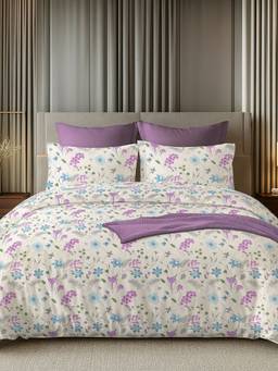 House of Owlet - White & Purple 144TC 100% Cotton Flat superking Bedsheet with 2 Pillow Covers