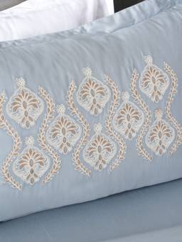 House of Owlet - Steel Blue 300Tc Cotton Flat Embroidered Bedsheet with 2 Pillow Covers (Super King)