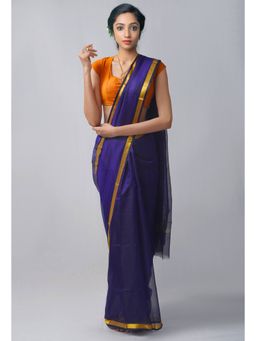 Unnati Silks - Navy Blue Pure Kota Plain Silk Saree with Unstitched Blouse