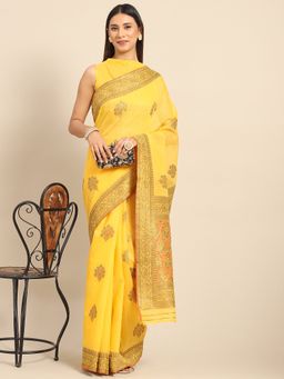 Akhilam - Womens Silk Blend Yellow Woven Design Designer Saree with Unstitched Blouse