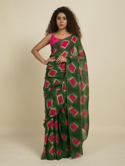 Suta - Olive and Pink Handcrafted Shibori Cotton Saree