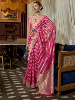 Akhilam - Womens Organza Pink Woven Designer Saree with Unstitched Blouse