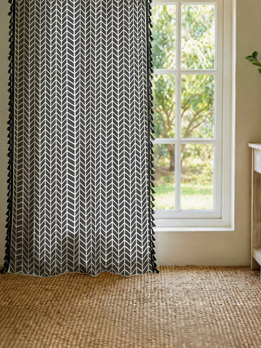 Urban Space Window Curtains with Eyelets & Tieback 1 Piece Herringbone Grey