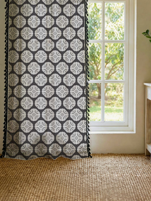 Urban Space Cotton Window Curtains with Eyelets & Tieback 1 Piece Mandala Grey