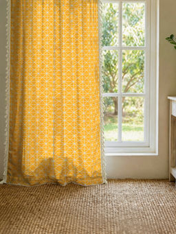 Urban Space - Cotton Window Curtains with Eyelets & Tieback 1 Piece Yellow Star