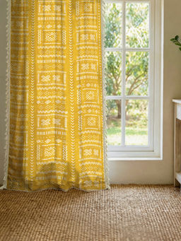 Urban Space - 100% Boho Cotton Curtain with Tieback & Eyelets Zahara Yellow