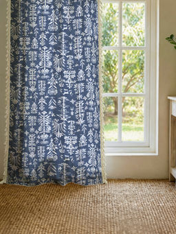 Urban Space - 100% Boho Cotton Curtain with Tieback & Eyelets Twigs Indigo Blue
