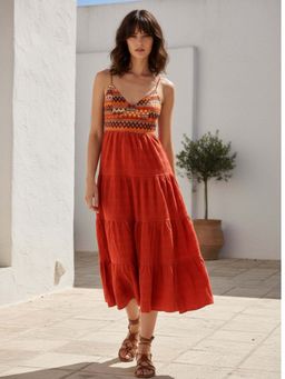 Outzidr - Orange Shoulder Strap Back Bow Tiered Midi Dress