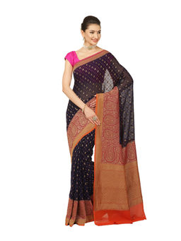 Banarasi Silk Works - Women Navy Blue Pure Khaddi Saree with Unstitched Blouse