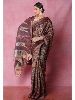Unnati Silks - Multi- Color Pure Handloom Pen Kalamkari Print Tussar Jute Saree