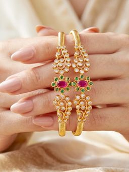 LUCKY JEWELLERY - Gold Ad Floral Bangle Pink Green Stone Kada (612-C1Bg-2196-2)