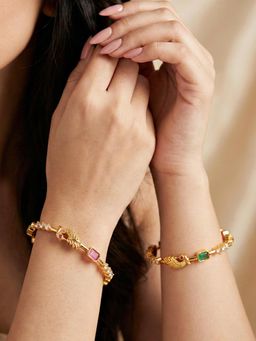 LUCKY JEWELLERY - Gold Peacock Design Bangle Pink Green (713-C1Bg-2201-2)