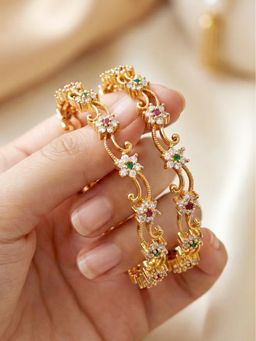LUCKY JEWELLERY - Gold Floral Ad Bangle Pink Green Stone (779-C1Bg-2202-2)