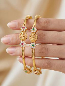 LUCKY JEWELLERY - Gold Laxmi Temple Ad Bangle Green Stone (783-C1Bg-2203-2)