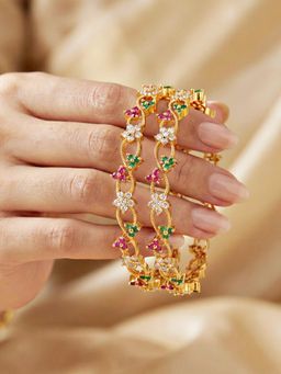 LUCKY JEWELLERY - Gold Laxmi Temple Ad Bangle Pink Green (847-C1Bg-2206-2)