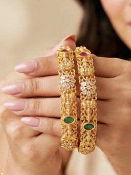 LUCKY JEWELLERY - Gold Floral Ad Bangle Pink Green (866-C1Bg-2207-2)