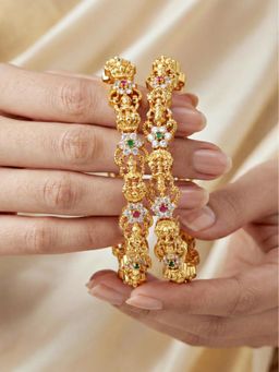 LUCKY JEWELLERY - Gold Laxmi Temple Ad Bangle Pink Green (880-C1Bg-2209-2)