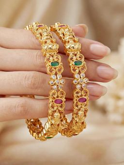 LUCKY JEWELLERY - Gold Laxmi Temple Floral Ad Bangle Pink Green (880-C1Bg-2210-2)