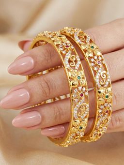 LUCKY JEWELLERY - Gold Floral Temple Ad Bangle Pink Green (1033-C1Bg-2213-2)