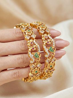 LUCKY JEWELLERY - Gold Peacock Ad Bangle Pink Green (1049-C1Bg-2214-2)