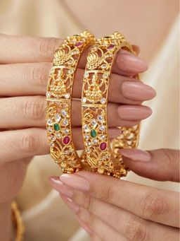 LUCKY JEWELLERY - Gold Laxmi Temple Ad Bangle Pink Green (1236-C1Bg-2218-2)