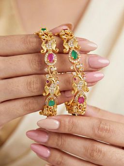 LUCKY JEWELLERY - Gold Ad Floral Bangle Pink Green (1243-C1Bg-2219-2)