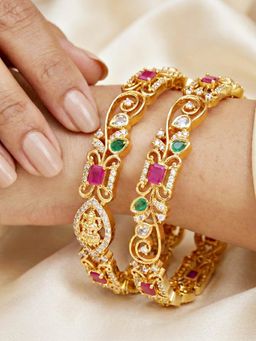 LUCKY JEWELLERY - Gold Floral Ad Designer Bangle Pink Green (1262-C1Bg-2221-2)