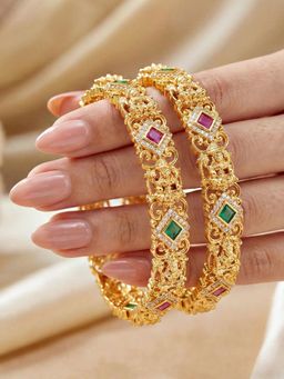 LUCKY JEWELLERY - Gold Laxmi Temple Ad Bangle Pink Green (1272-C1Bg-2222-2)