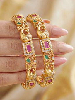 LUCKY JEWELLERY - Gold Ganesh Peacock Ad Bangle Pink Green (1389-C1Bg-2224-2)