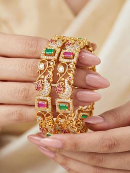 LUCKY JEWELLERY - Gold Ad Pink Stone Bangle (1817-C1Bg-2227-2)