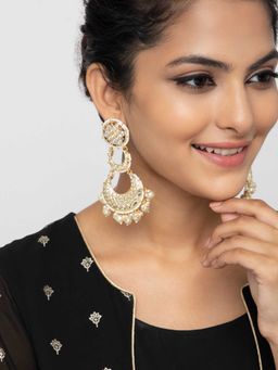 Indya - Gold White Beaded Multi Layer Kundan Dangler Earrings
