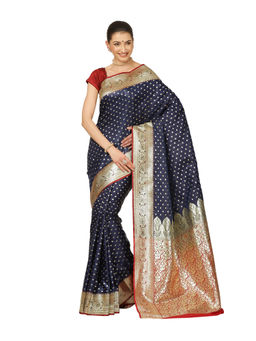Banarasi Silk Works - Women Navy Blue Chunri Satin Saree with Unstitched Blouse