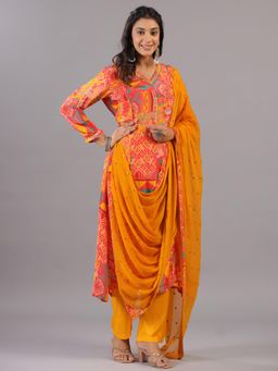 Amchoor - Mustard Geometrical Pattern Mirror Work Kurta with Pant and Dupatta (Set of 3)