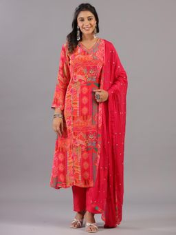 Amchoor - Pink Geometrical Pattern Mirror Work Kurta with Pant and Dupatta (Set of 3)