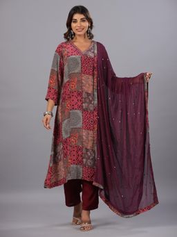 Amchoor - Purple Assorted Print Mirror Work Kurta with Pant and Dupatta (Set of 3)