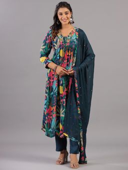 Amchoor - Teal Floral Print Shell Work Kurta with Pant and Dupatta (Set of 3)