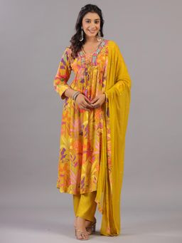 Amchoor - Yellow Floral Print Shell Work Kurta with Pant and Dupatta (Set of 3)