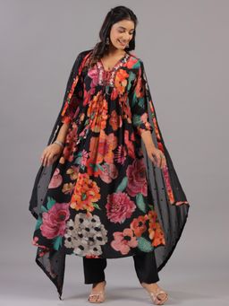 Amchoor - Black Digital Floral Shell Work Kurta with Pant and Dupatta (Set of 3)