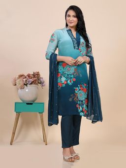 Amchoor - Teal Digital Floral Mirror Embroidery Work Kurta with Pant and Dupatta (Set of 3)