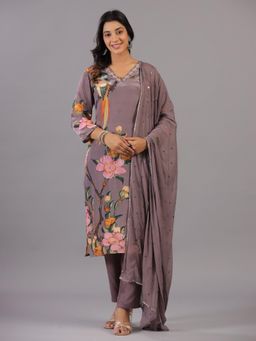 Amchoor - Grey Classic Floral Embroidered Kurta with Pant and Dupatta (Set of 3)